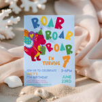 Dinosaur birthday invitation editable online with Corjl, Roar Roar Roar design in beach setting
