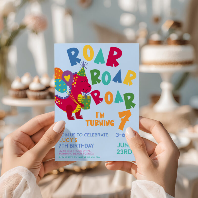 Roar Roar Roar dinosaur kids birthday invitation editable online, held in hands at party table