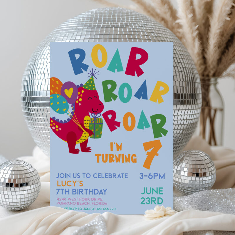 Roar Roar Roar editable dinosaur birthday invitation with disco balls party background