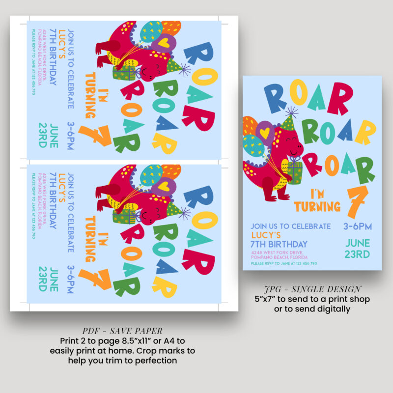 Printable Roar Roar Roar dinosaur birthday invitation PDF and JPG layout preview