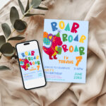 Editable Roar Roar Roar dinosaur birthday invitation digital mockup with mobile phone and card