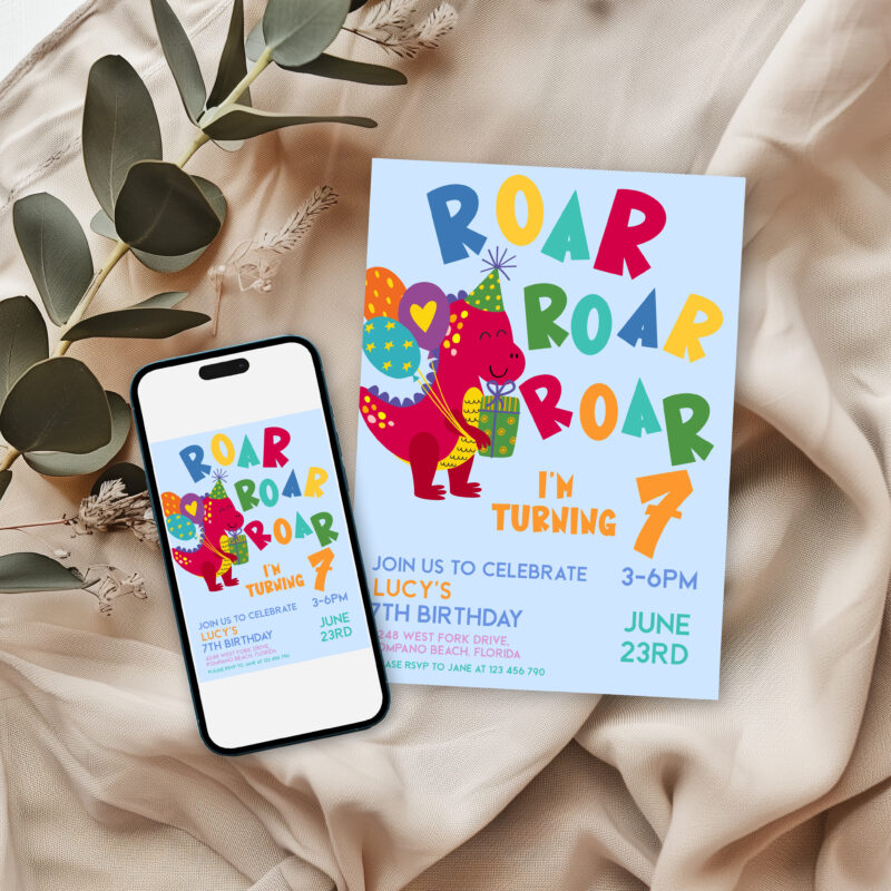 Editable Roar Roar Roar dinosaur birthday invitation digital mockup with mobile phone and card