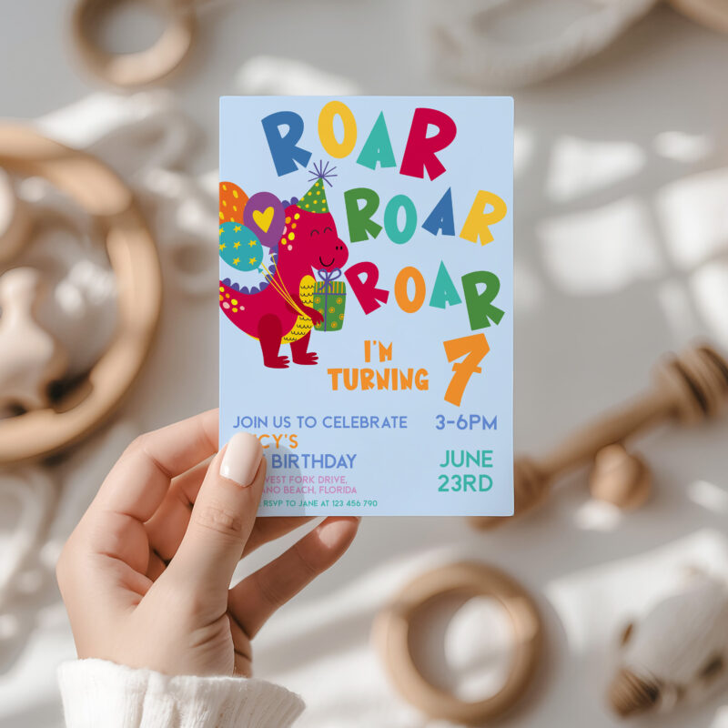 Editable Roar Roar Roar dinosaur birthday invitation template with colorful cartoon dinosaur holding presents and balloons