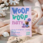 Woof Woof Party birthday invitation with cute puppy illustration and editable text