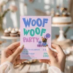 Woof Woof Party birthday invitation with cute puppy illustration and editable text
