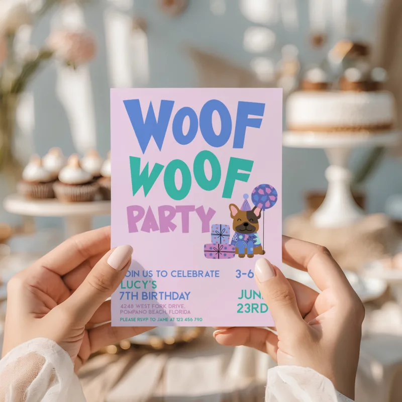 Woof Woof Party birthday invitation with cute puppy illustration and editable text