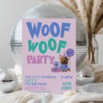 Woof Woof Party birthday invitation with cute puppy illustration and editable text