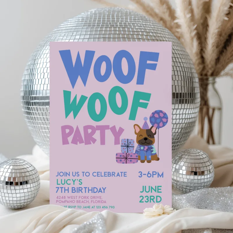 Woof Woof Party birthday invitation with cute puppy illustration and editable text
