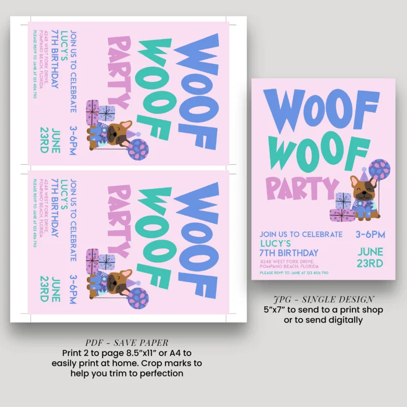 Woof Woof Party birthday invitation with cute puppy illustration and editable text