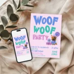 Woof Woof Party birthday invitation with cute puppy illustration and editable text
