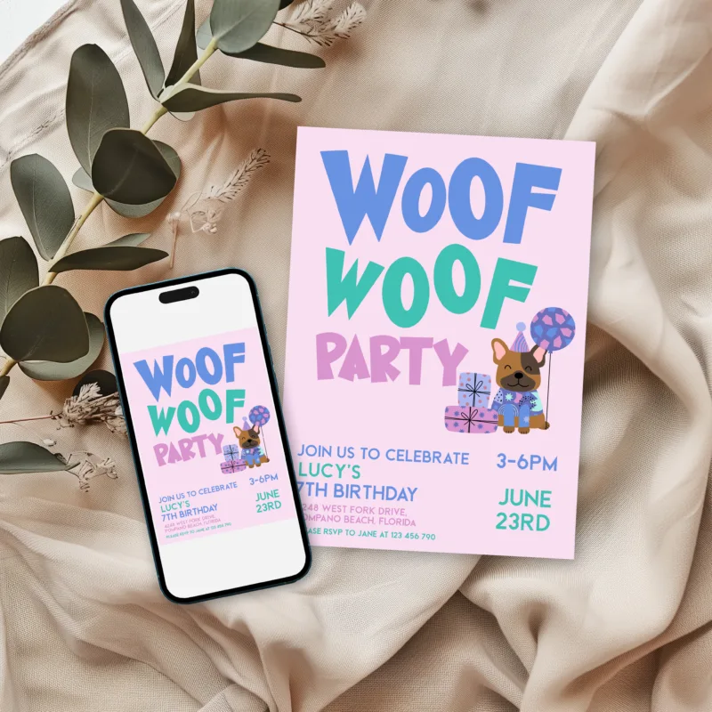 Woof Woof Party birthday invitation with cute puppy illustration and editable text