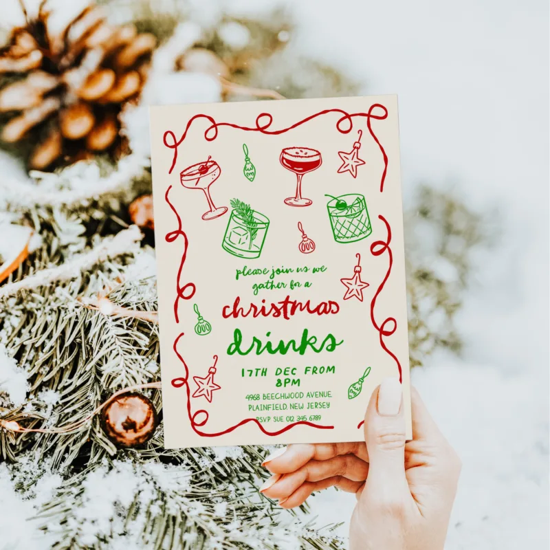 Christmas Drinks Invitation, Editable Holiday Party Invite, Red and Green Cocktail Design Christmas Invitations